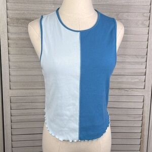 FOREVER 21 Tank Top Ribbed with Lettuce Hem Light Blue/Blue-Large